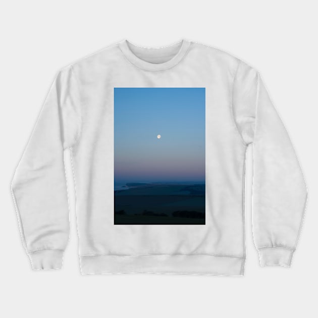 (Almost) full moon over the Sussex Downs towards Birling Gap Crewneck Sweatshirt by karenadams